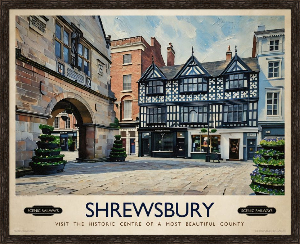 Vintage travel poster- Shrewsbury, Shropshire - Scenic Railways