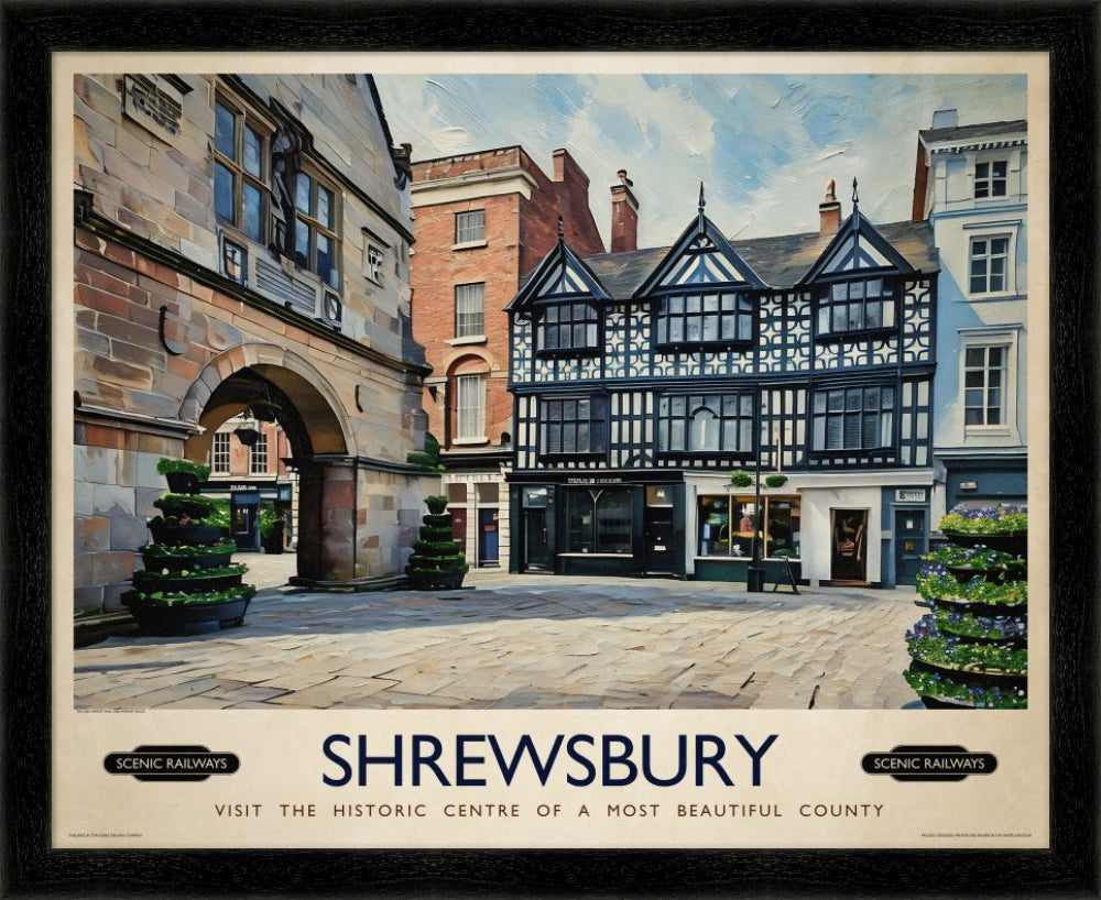 Vintage travel poster- Shrewsbury, Shropshire - Scenic Railways