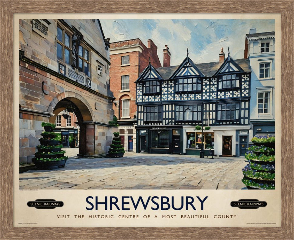 Vintage travel poster- Shrewsbury, Shropshire - Scenic Railways