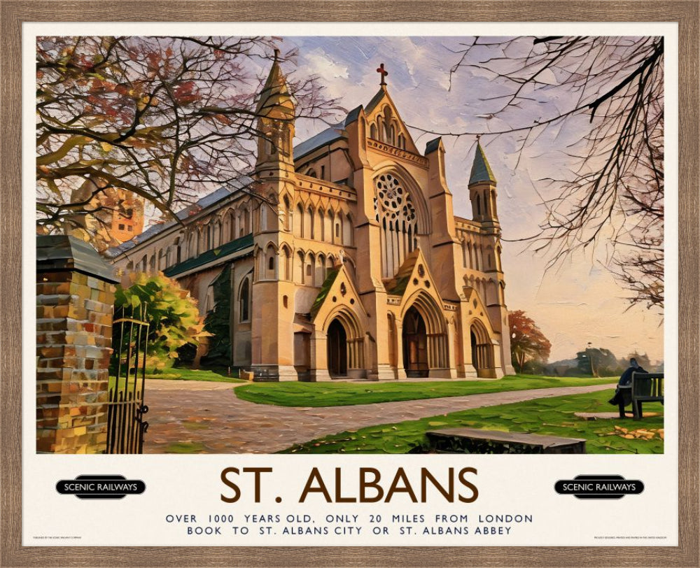 Vintage travel poster- St. Albans, The Cathedral - Scenic Railways