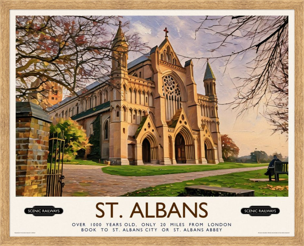 Vintage travel poster- St. Albans, The Cathedral - Scenic Railways