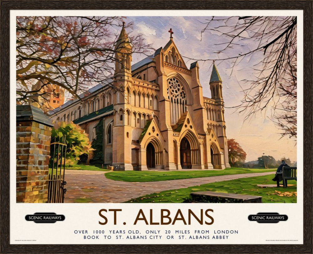Vintage travel poster- St. Albans, The Cathedral - Scenic Railways