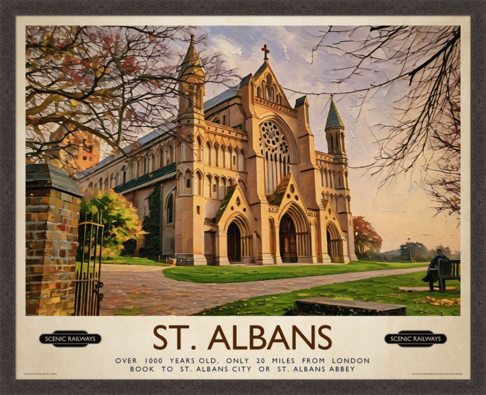 Vintage travel poster- St. Albans, The Cathedral - Scenic Railways