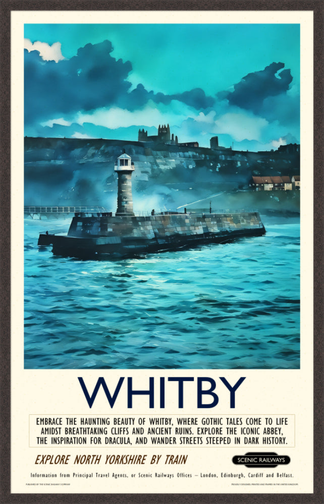 Vintage travel poster- Whitby - The Lighthouse and Abbey - Scenic Railways