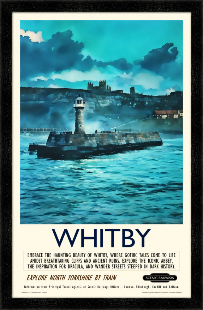 Vintage travel poster- Whitby - The Lighthouse and Abbey - Scenic Railways