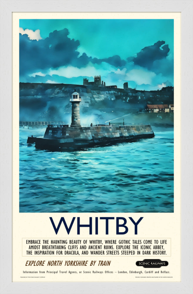 Vintage travel poster- Whitby - The Lighthouse and Abbey - Scenic Railways