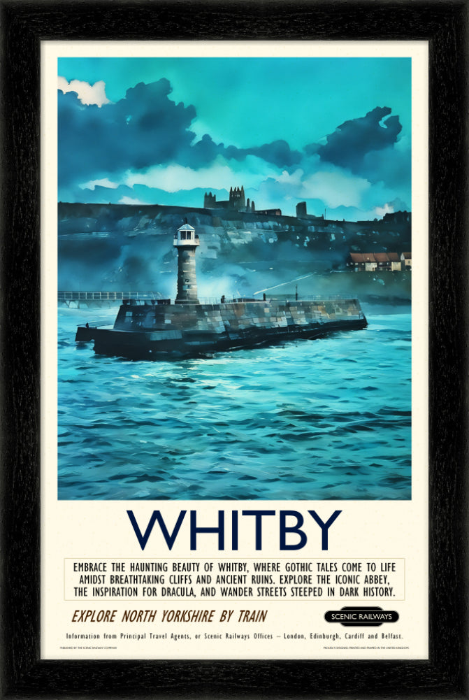 Vintage travel poster- Whitby - The Lighthouse and Abbey - Scenic Railways