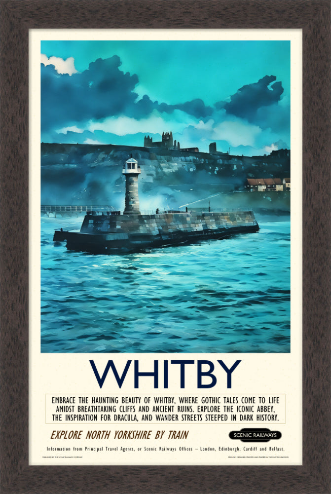 Vintage travel poster- Whitby - The Lighthouse and Abbey - Scenic Railways