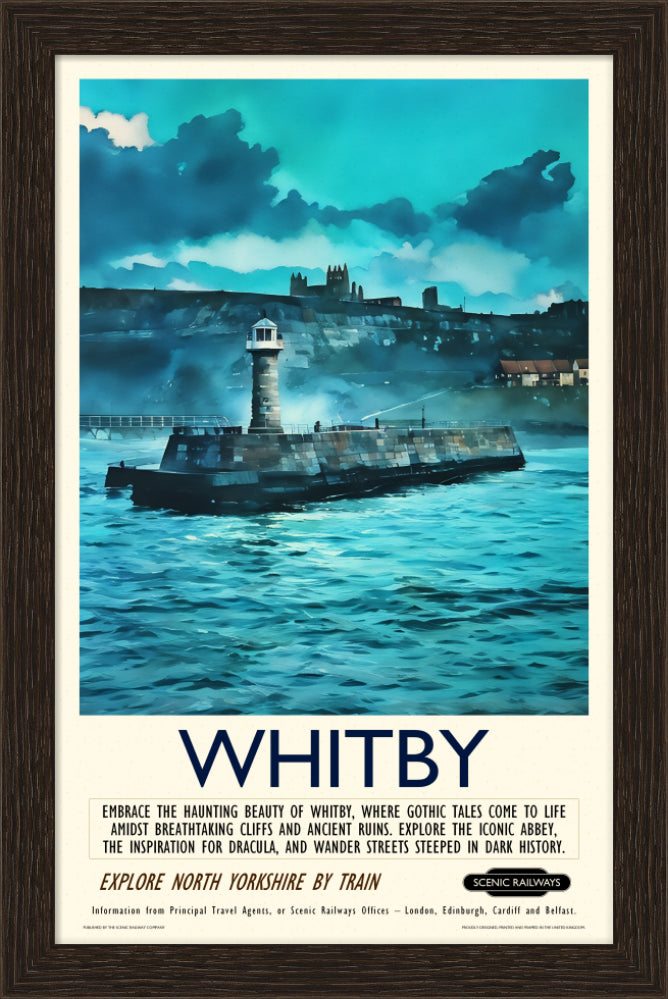 Vintage travel poster- Whitby - The Lighthouse and Abbey - Scenic Railways