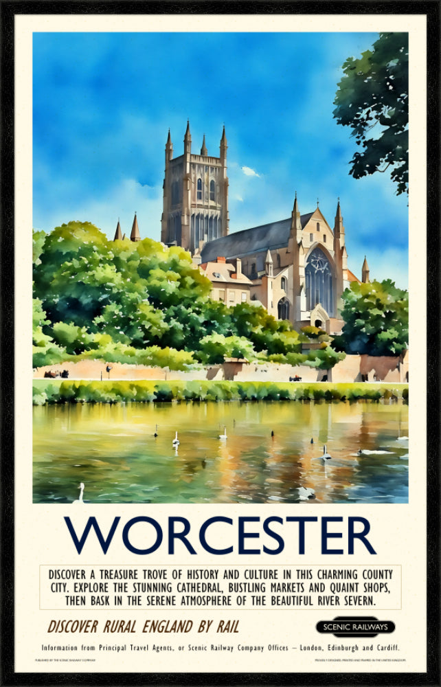 Vintage travel poster- Worcester - The Cathedral and River Severn - Scenic Railways