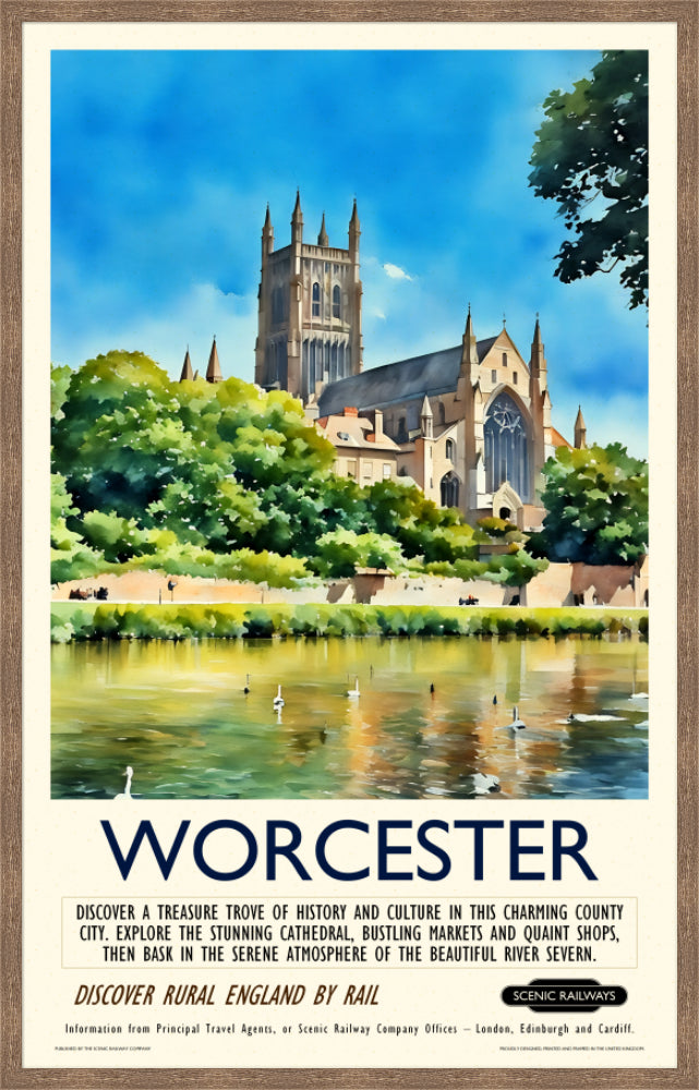 Vintage travel poster- Worcester - The Cathedral and River Severn - Scenic Railways