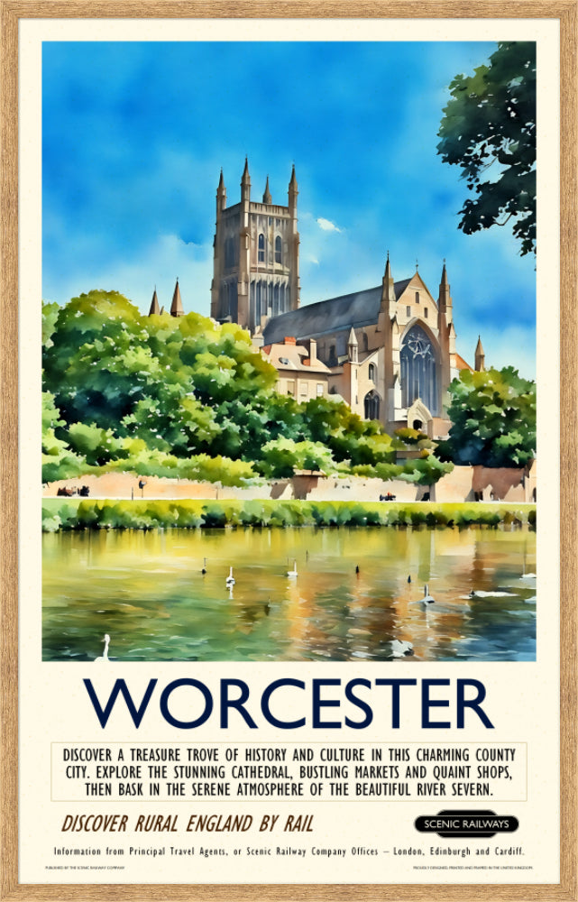 Vintage travel poster- Worcester - The Cathedral and River Severn - Scenic Railways