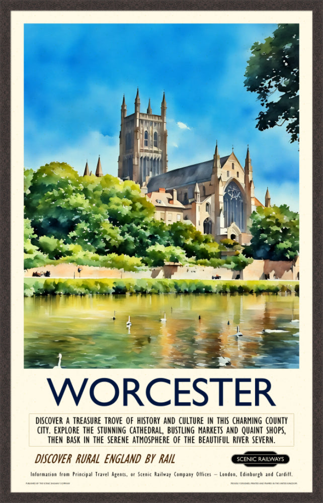 Vintage travel poster- Worcester - The Cathedral and River Severn - Scenic Railways