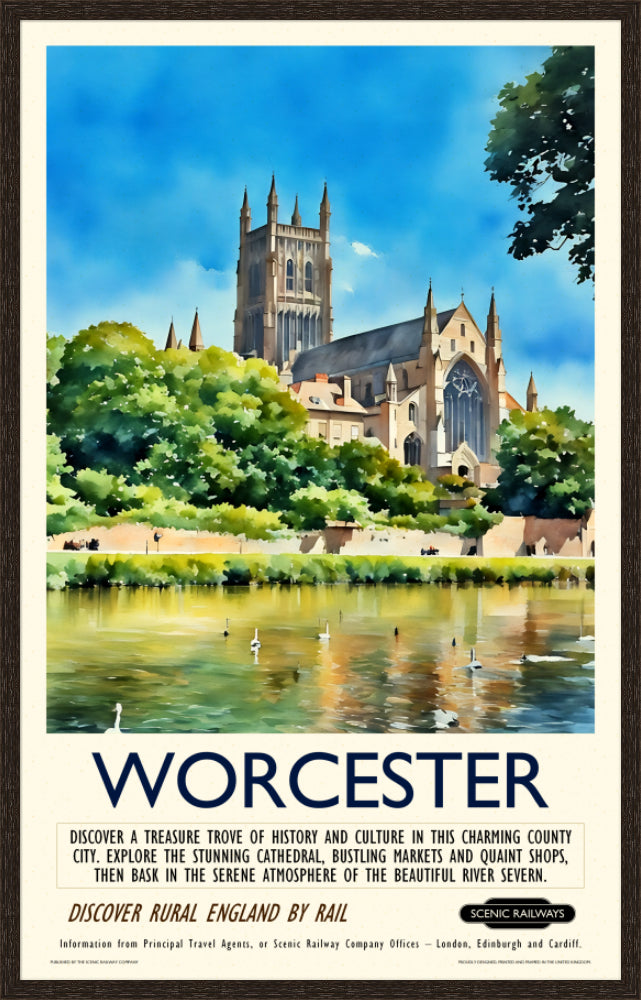 Vintage travel poster- Worcester - The Cathedral and River Severn - Scenic Railways