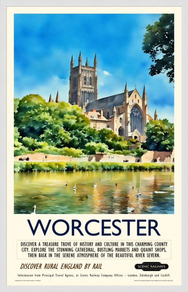 Vintage travel poster- Worcester - The Cathedral and River Severn - Scenic Railways