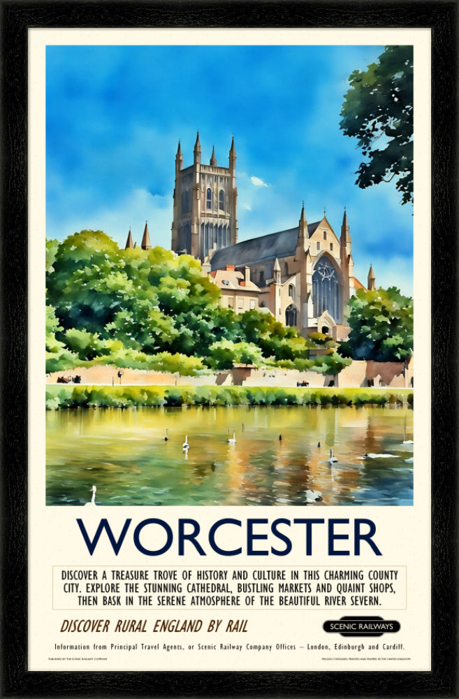 Vintage travel poster- Worcester - The Cathedral and River Severn - Scenic Railways