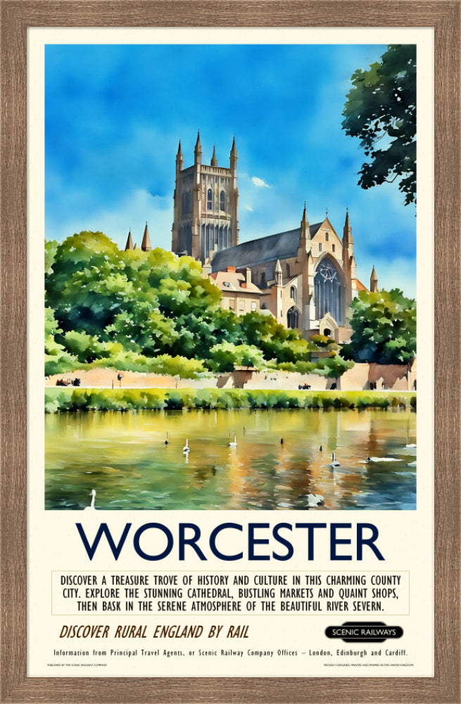 Vintage travel poster- Worcester - The Cathedral and River Severn - Scenic Railways