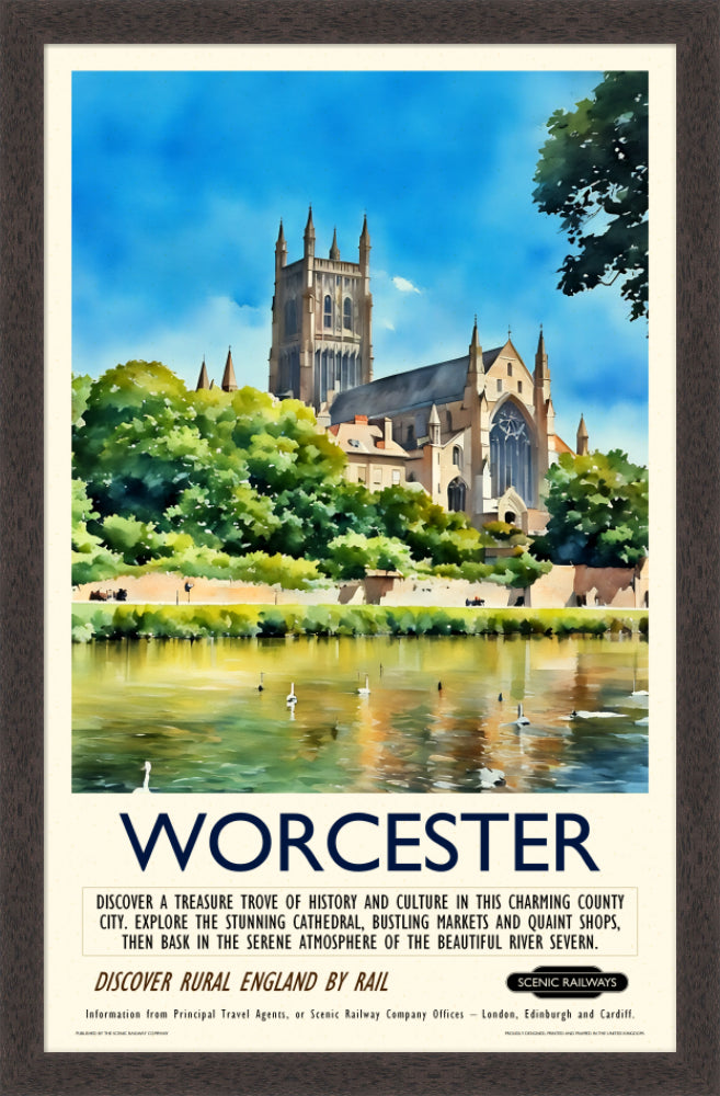 Vintage travel poster- Worcester - The Cathedral and River Severn - Scenic Railways