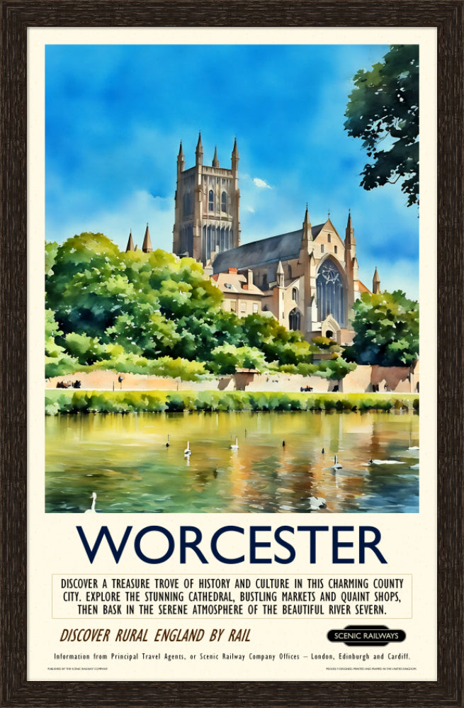 Vintage travel poster- Worcester - The Cathedral and River Severn - Scenic Railways