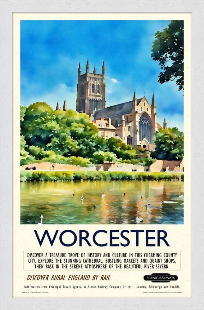 Vintage travel poster- Worcester - The Cathedral and River Severn - Scenic Railways