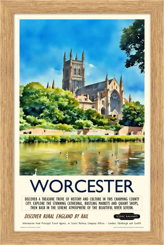 Vintage travel poster- Worcester - The Cathedral and River Severn - Scenic Railways