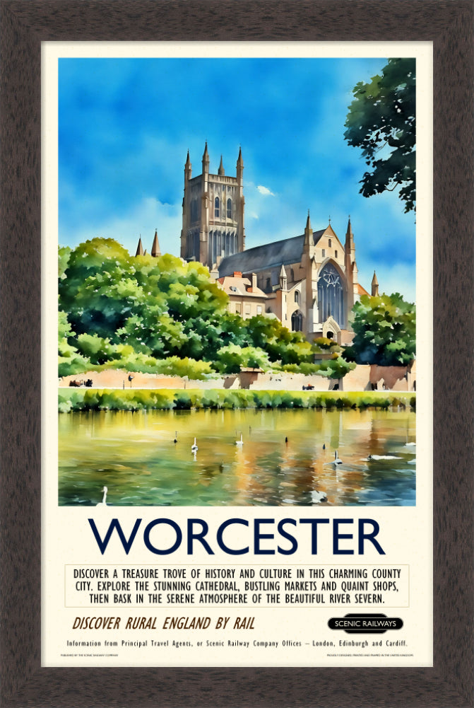 Vintage travel poster- Worcester - The Cathedral and River Severn - Scenic Railways