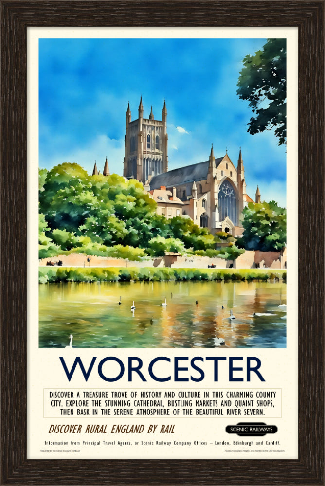 Vintage travel poster- Worcester - The Cathedral and River Severn - Scenic Railways