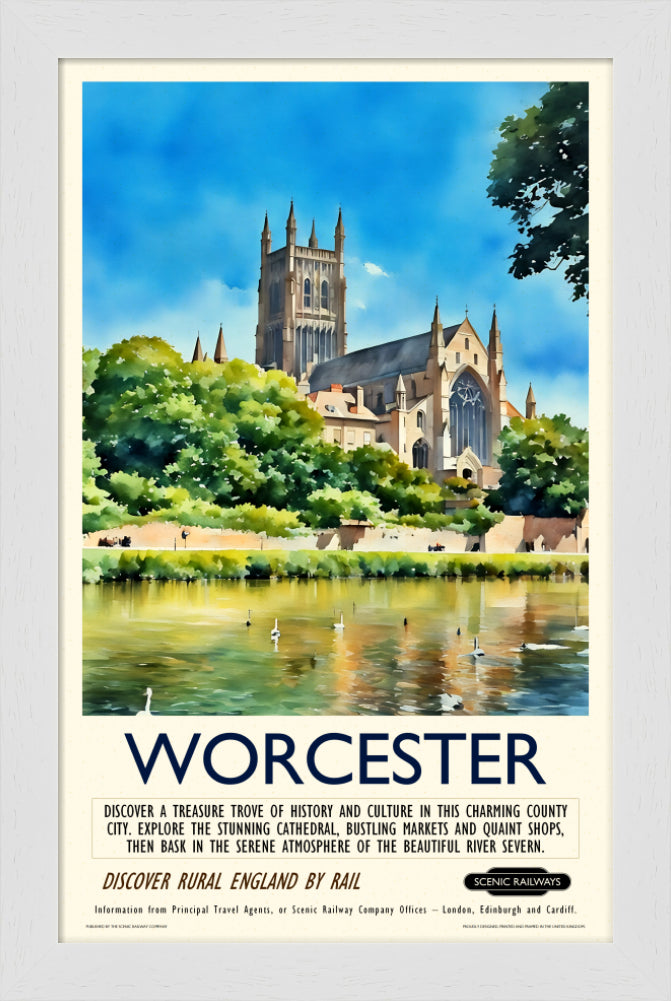 Vintage travel poster- Worcester - The Cathedral and River Severn - Scenic Railways