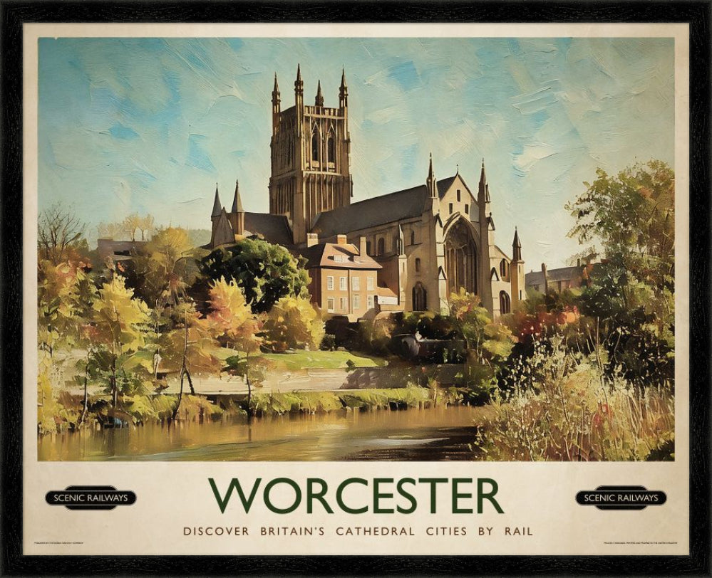 Vintage travel poster- Worcester, The Cathedral - Scenic Railways