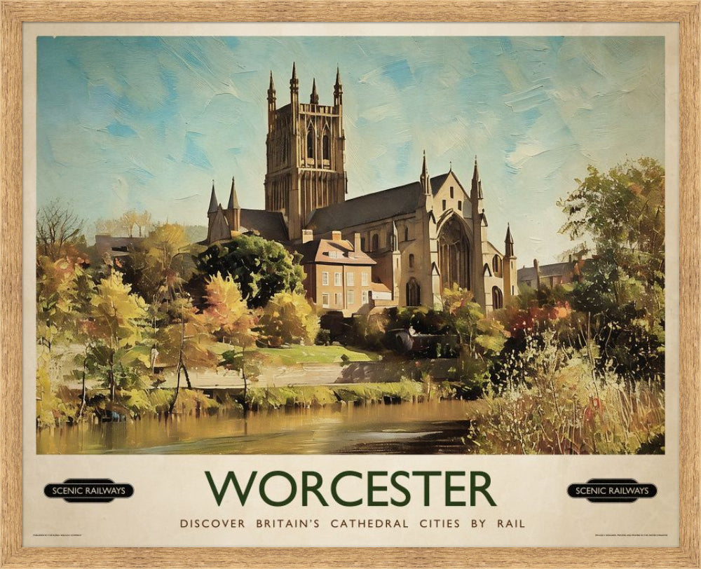 Vintage travel poster- Worcester, The Cathedral - Scenic Railways