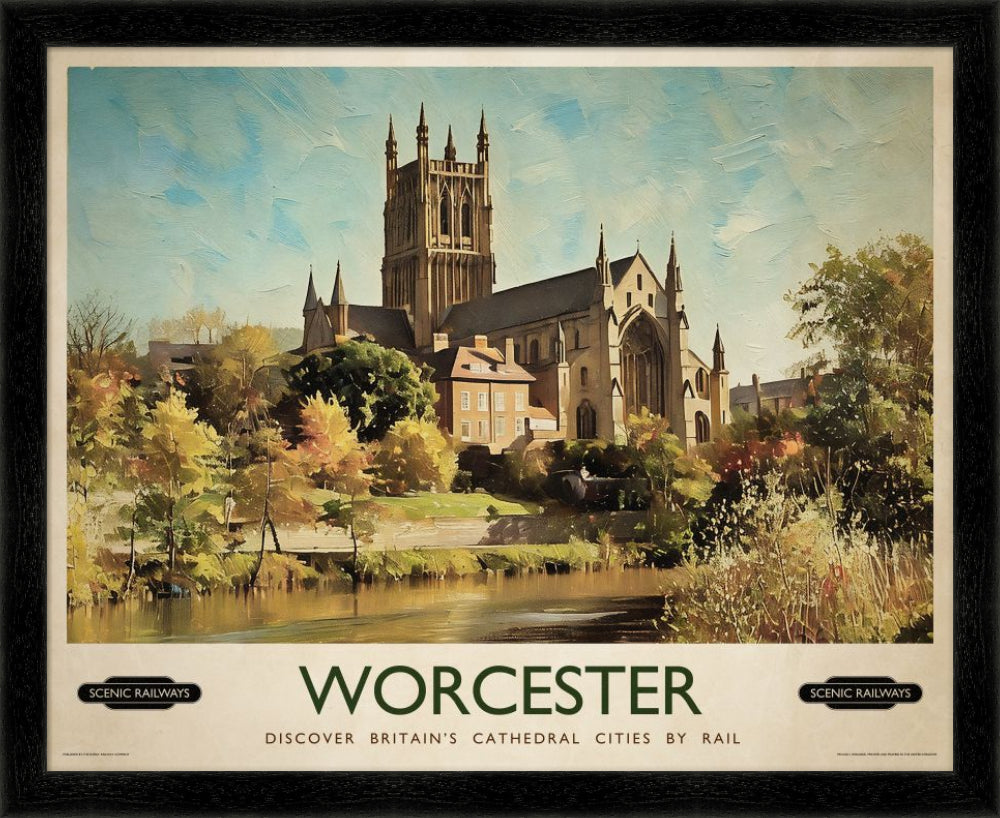 Vintage travel poster- Worcester, The Cathedral - Scenic Railways