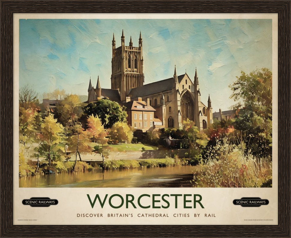 Vintage travel poster- Worcester, The Cathedral - Scenic Railways